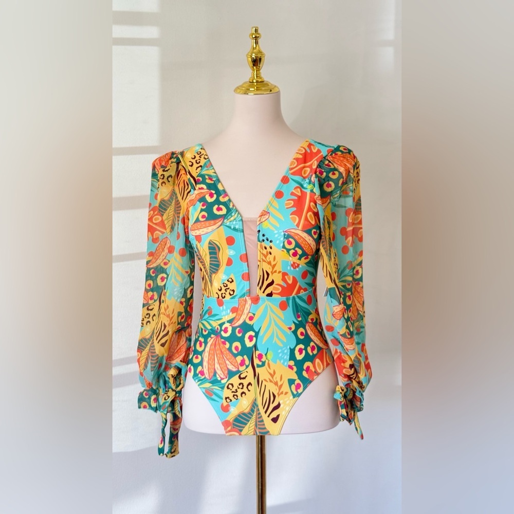 Colorful Floral Tropical Women Swimsuit One Piece Sleeves Size S
